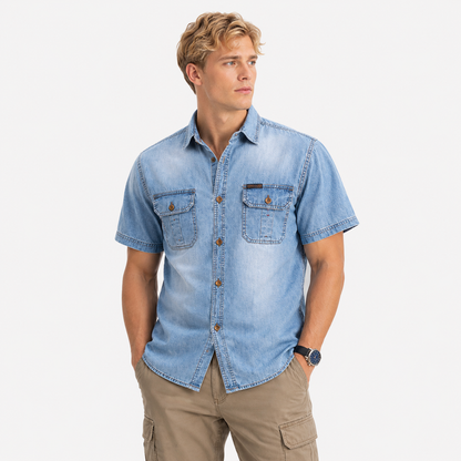 Denimskjorte til Herre – Kortermet Skjorte med Klassisk Krage