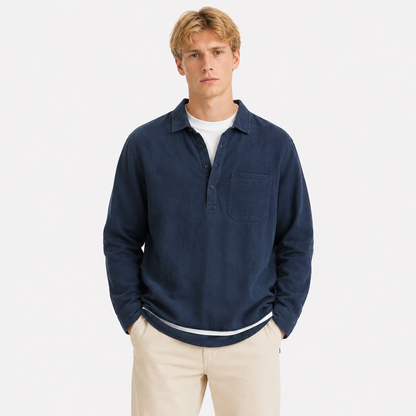 Linskjorte til Herre – Langermet Pullover med Firkantet Hals – Marineblå