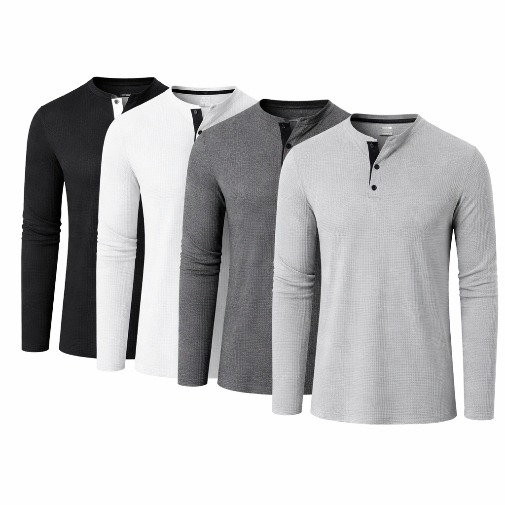 Herre T-skjorte i Vaffelstruktur – Slim Fit Langermet Henley i Bomull Pakke – Svart + Hvit + Lysegrå + Mørkegrå
