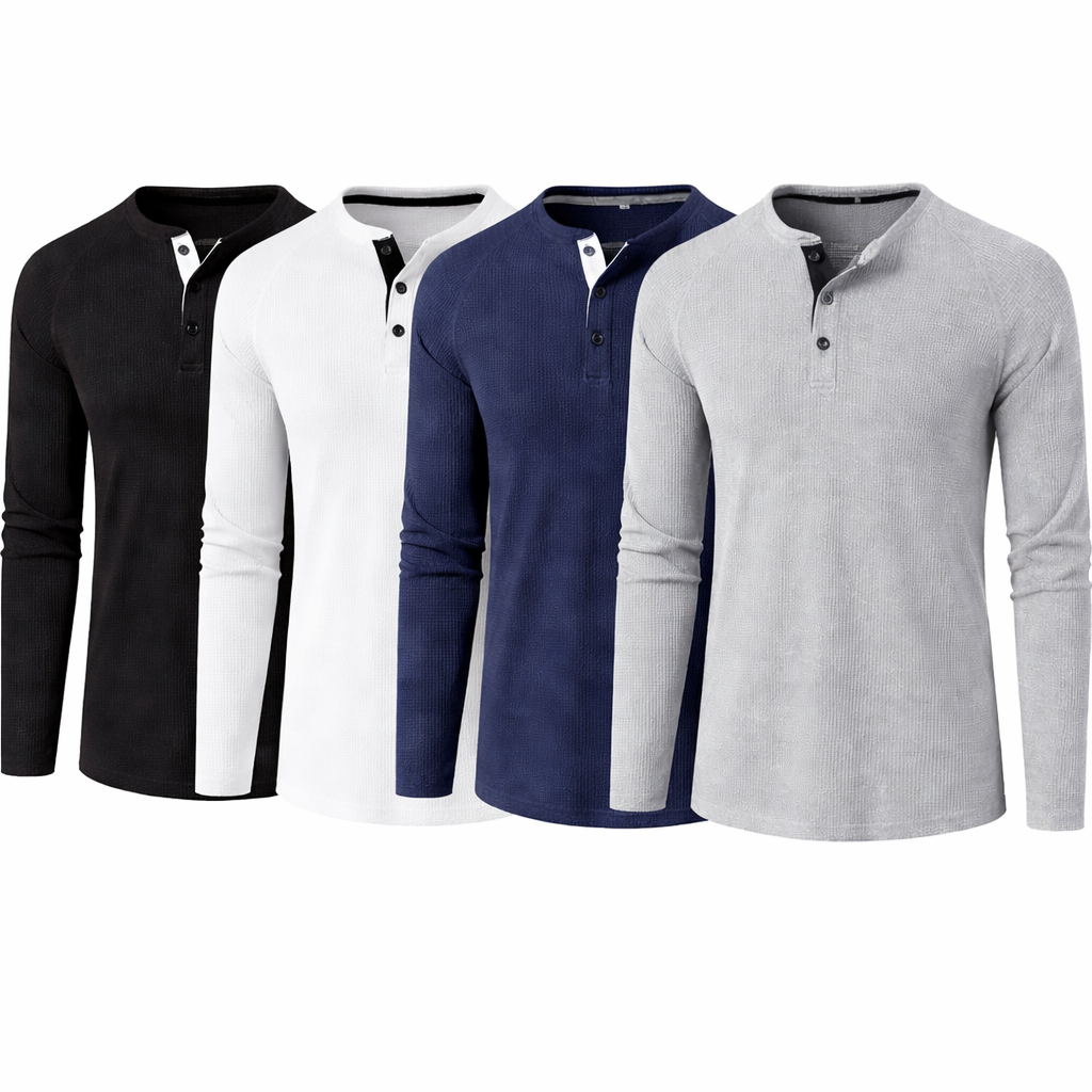 Herre T-skjorte i Vaffelstruktur – Slim Fit Langermet Henley i Bomull Pakke