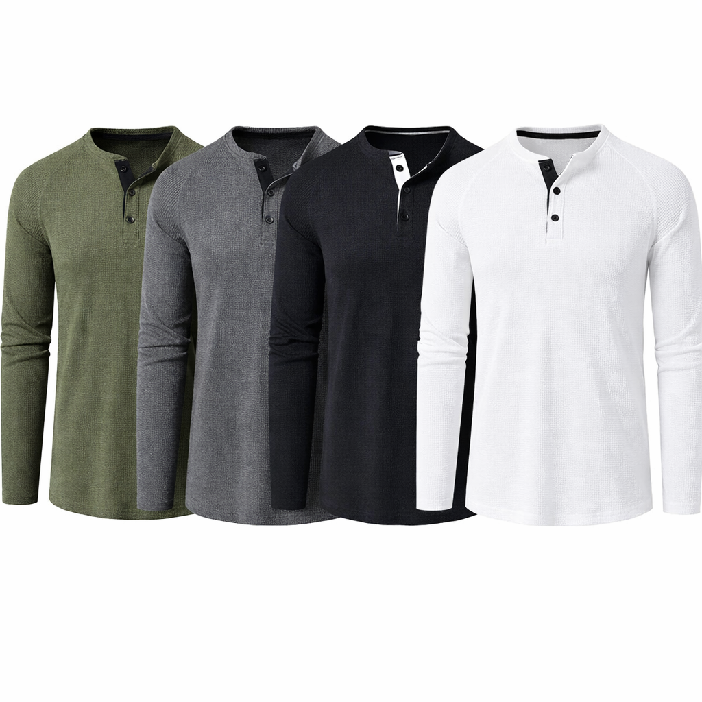 Herre T-skjorte i Vaffelstruktur – Slim Fit Langermet Henley i Bomull Pakke