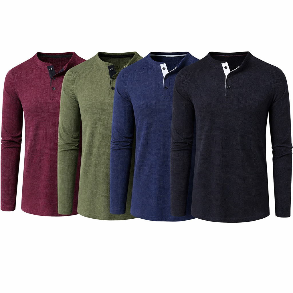 Herre T-skjorte i Vaffelstruktur – Slim Fit Langermet Henley i Bomull Pakke