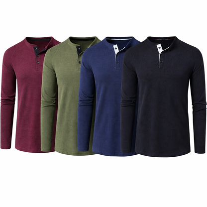 Herre T-skjorte i Vaffelstruktur – Slim Fit Langermet Henley i Bomull Pakke