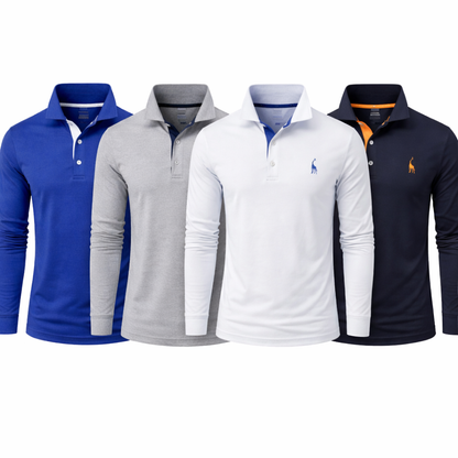Langermet Pique Skjorte for Herre – Ensfarget med Brodert Hjort, Perfekt for Vår og Business Casual Pakke – Blå + Grå + Hvit + Marineblå-Oransje