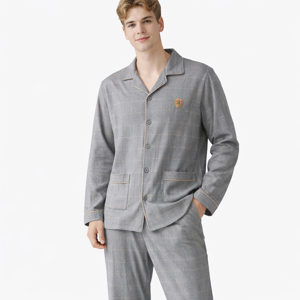 Herrepysjamas i Bomull – Rutete/Stripete 2-delt Sett med Krage (Turn-down Collar), Langermet | Høst/Vinter (3XL)