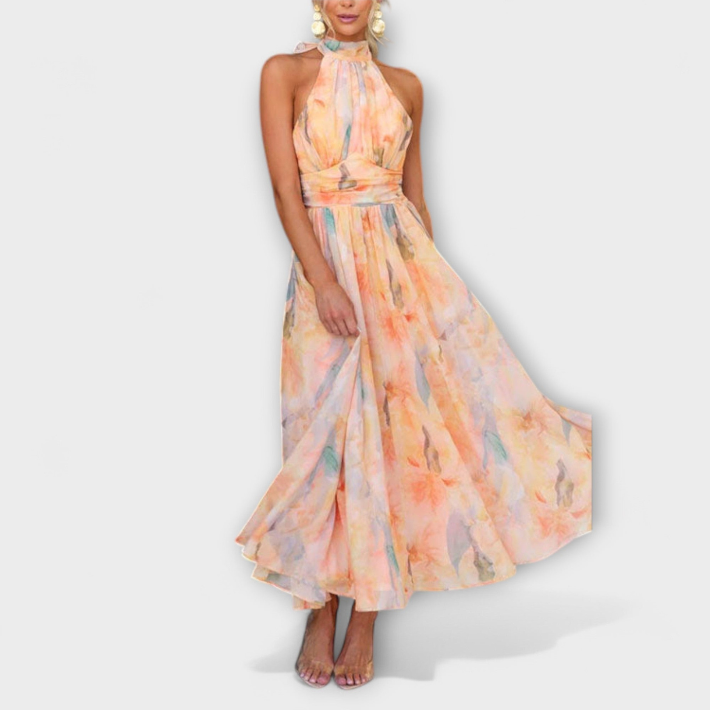 Coral | Elegant maxikjole i chiffon med halterneck – S
