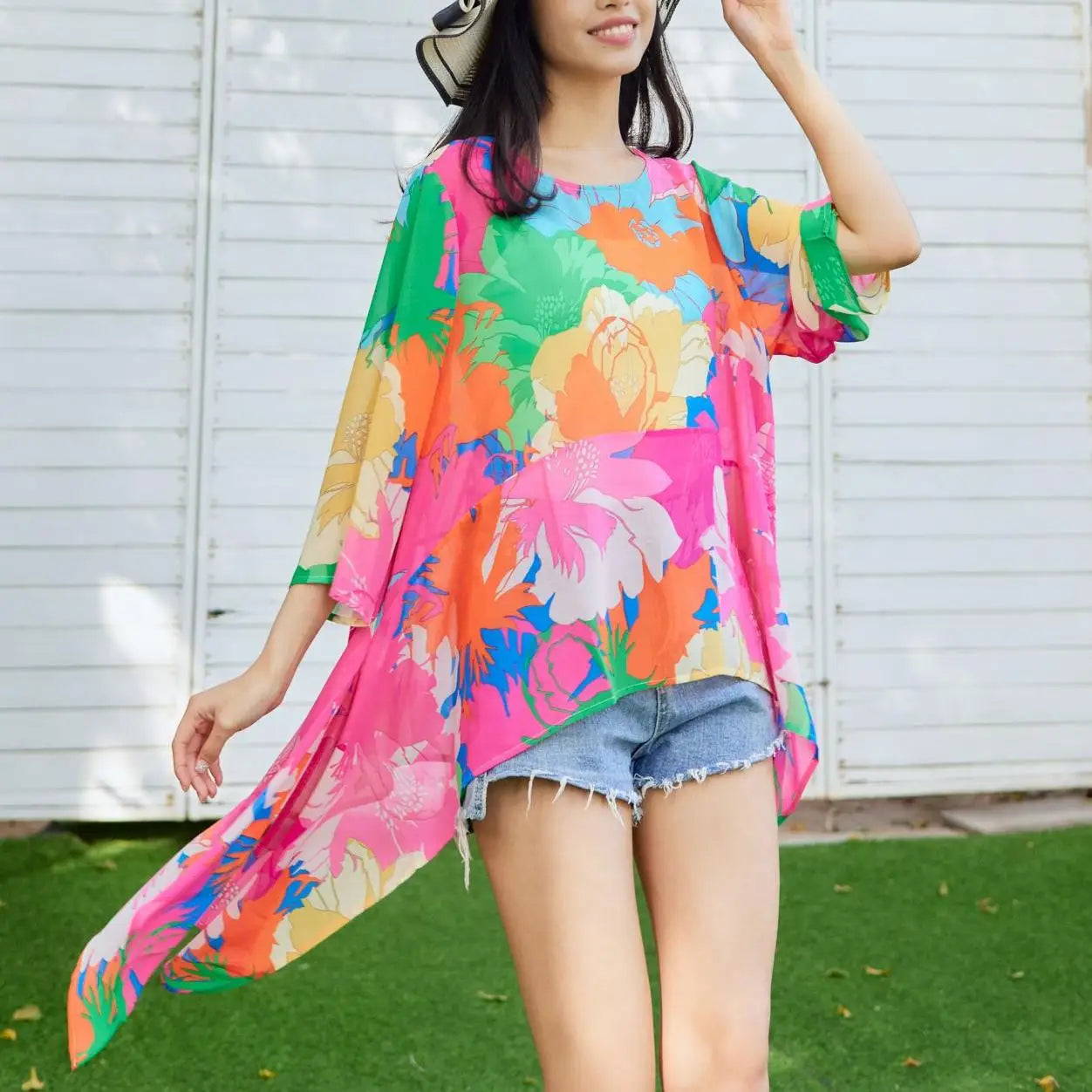 Chiffongbluse med blomstermønster for kvinner i plus size
