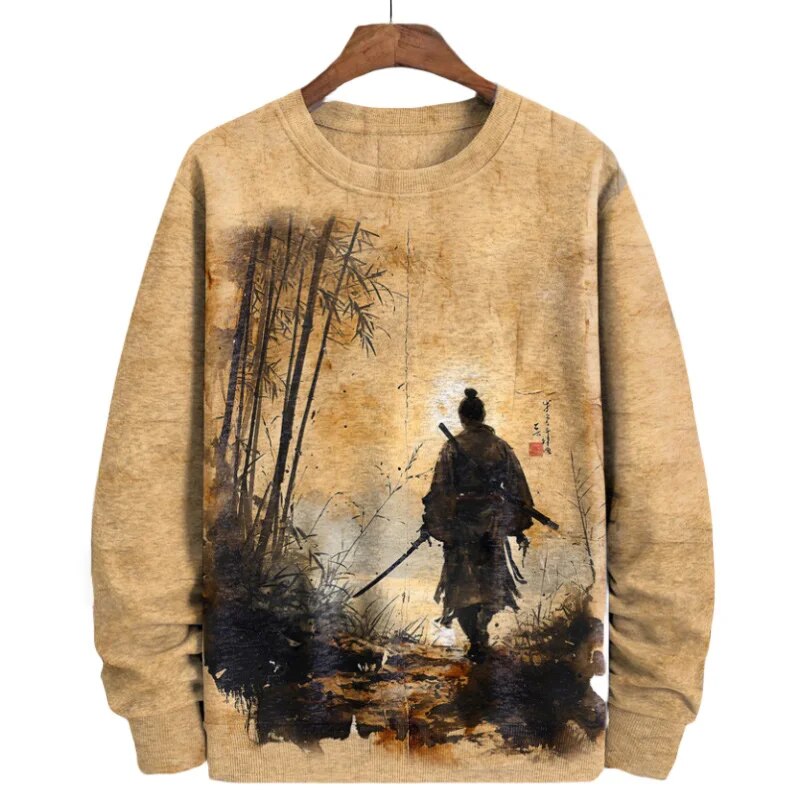 Vintage genser med samurai-trykk for herrer
