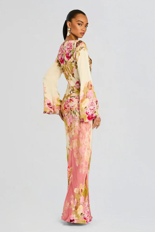 Blomstrete Bel Sleeve Kvelds Kjole