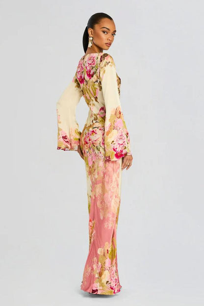 Blomstrete Bel Sleeve Kvelds Kjole