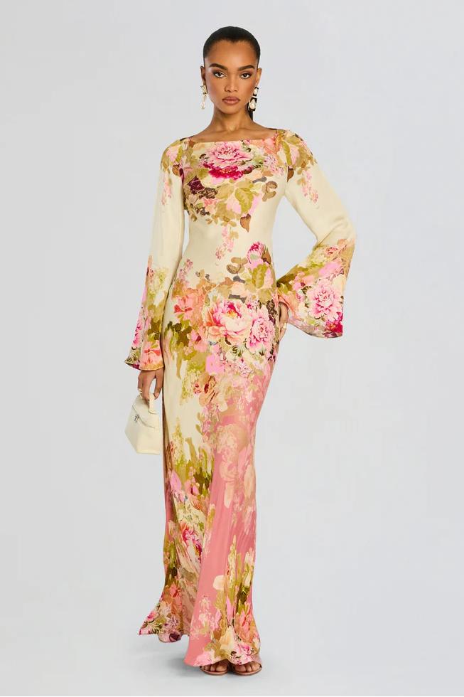 Blomstrete Bel Sleeve Kvelds Kjole