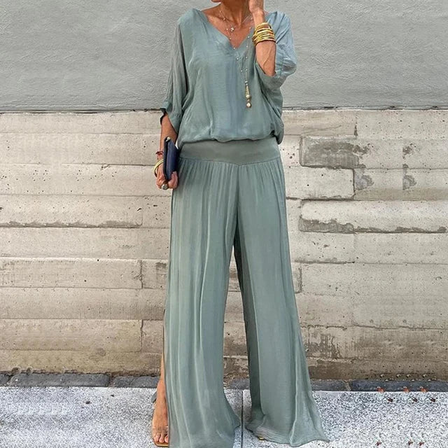 Elegant chiffon wide-leg bukse to-delt sett