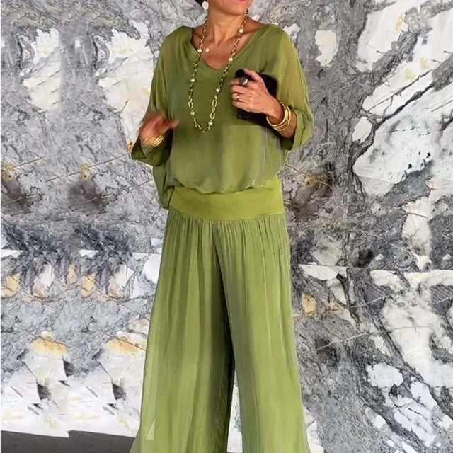Elegant chiffon wide-leg bukse to-delt sett