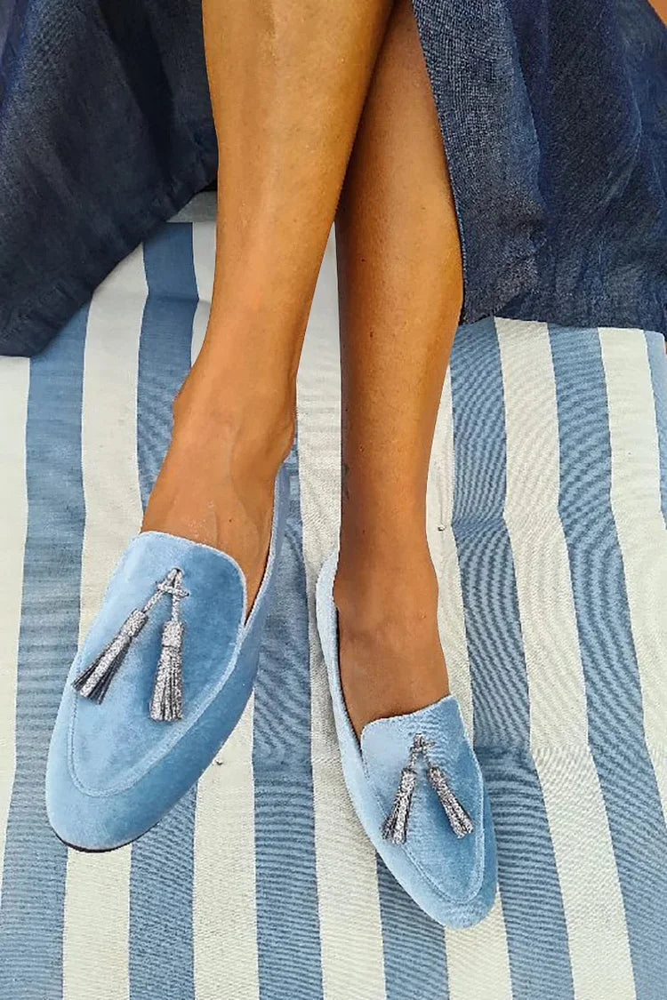 Elowen | Spisse slip-on-loafers i blått semsket skinn med dusk – 5