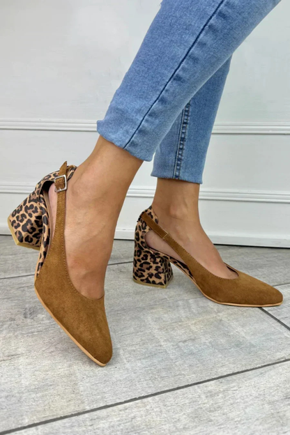 Fauna | Slingback-hæler i brunt semsket skinn med leopardmønster og blokkhæl