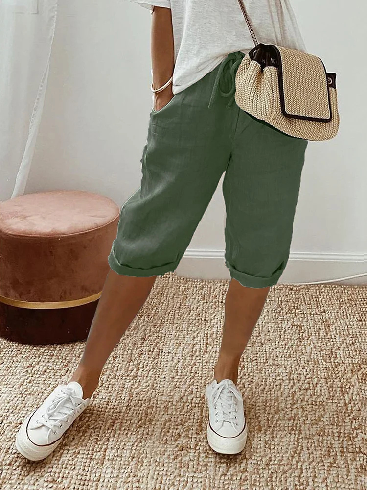 Faye | Cropped bermudashorts i lin med snøring