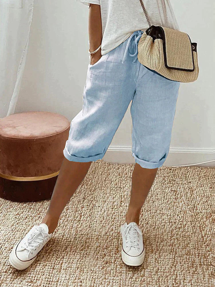 Faye | Cropped bermudashorts i lin med snøring
