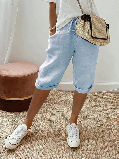 Faye | Cropped bermudashorts i lin med snøring