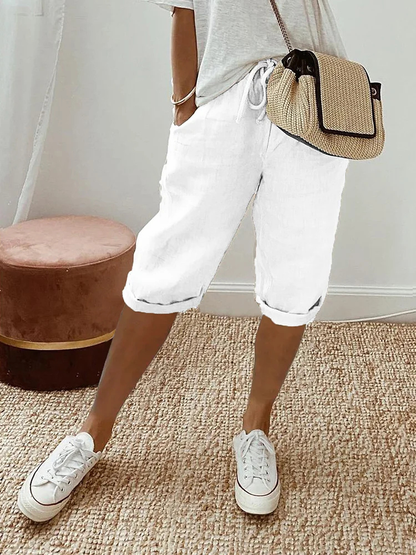 Faye | Cropped bermudashorts i lin med snøring