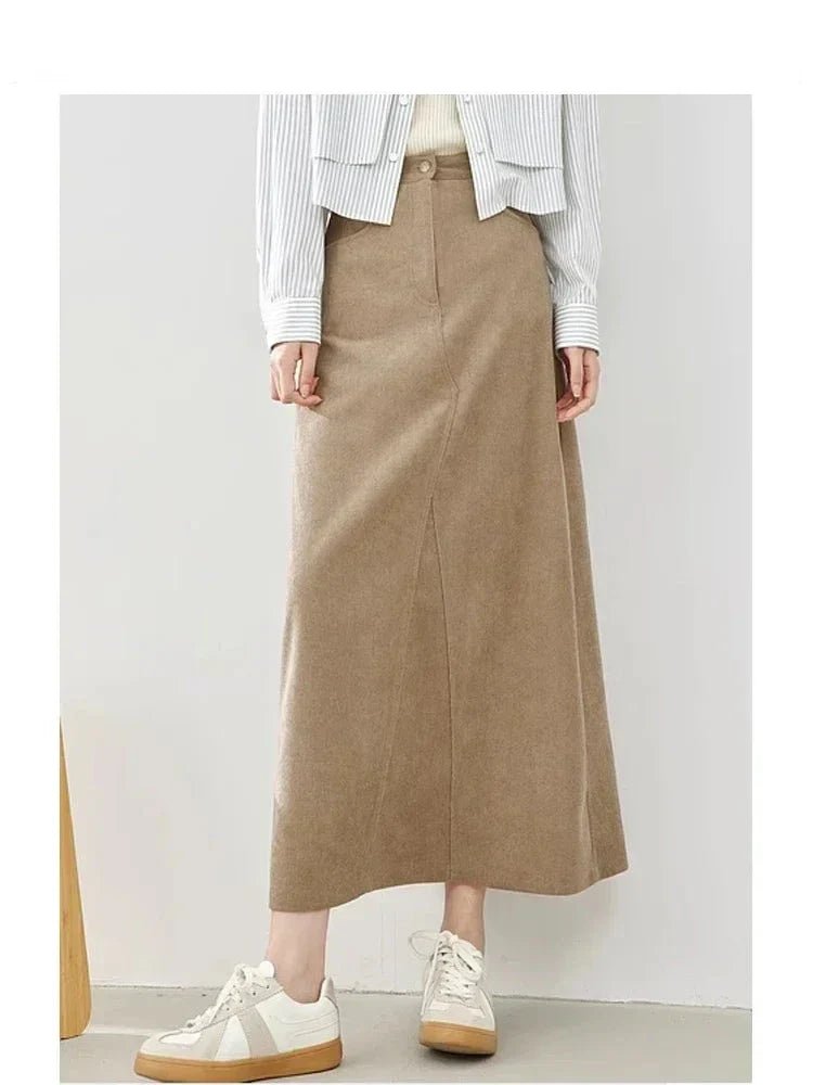 Nytt elegant langt khaki-skjørt i fransk stil