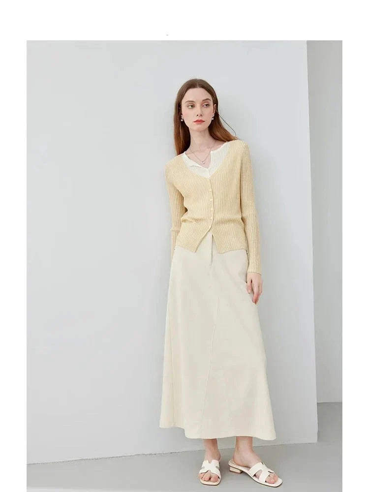 Nytt elegant langt khaki-skjørt i fransk stil