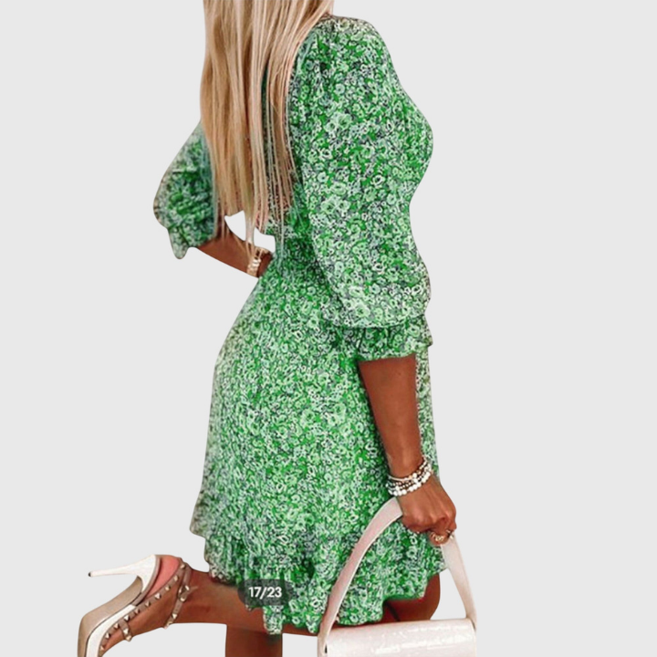 Fleur | Skater-minikjole i chiffon med blomstermønster og V-hals