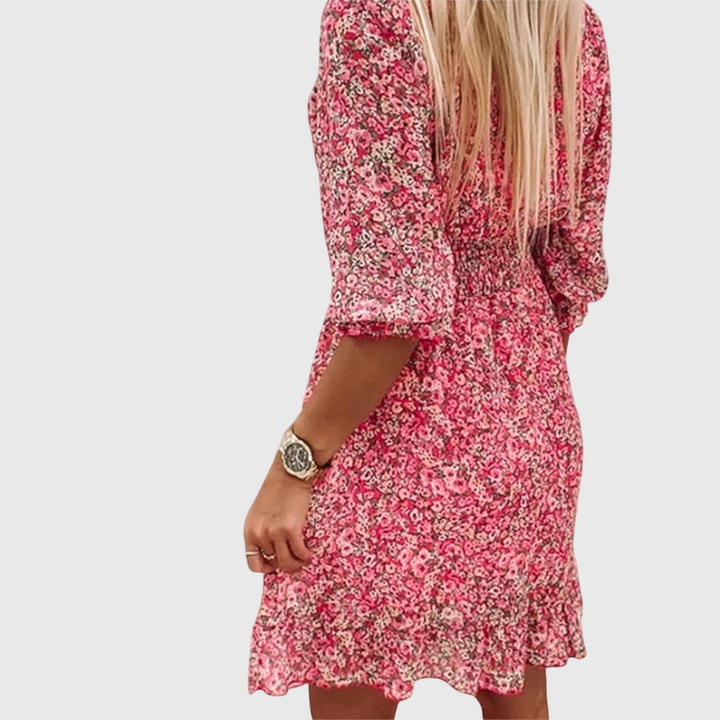 Fleur | Skater-minikjole i chiffon med blomstermønster og V-hals