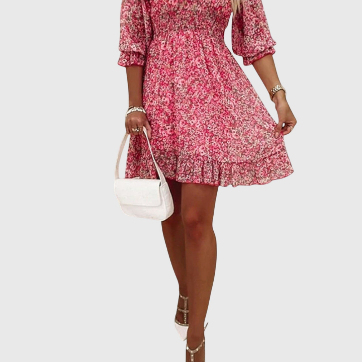 Fleur | Skater-minikjole i chiffon med blomstermønster og V-hals