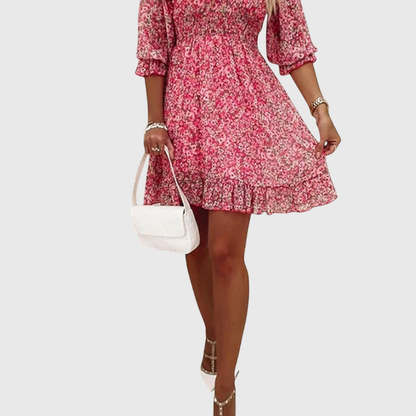 Fleur | Skater-minikjole i chiffon med blomstermønster og V-hals