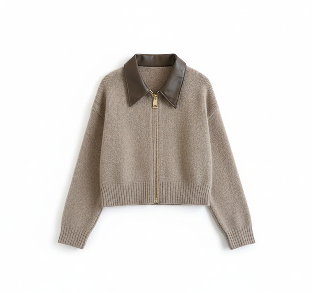 Strikkecardigan med skinnlook-krage – toveis glidelås, myk &amp; vintage-inspirert (høst/vinter)