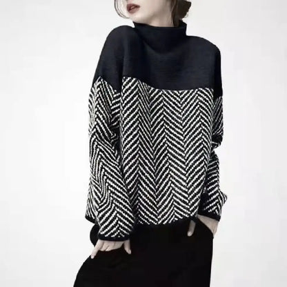 Geometrisk Strikkegenser med Høy Hals – Myk &amp; Varm Pullover i Flerfarget Design (Høst/Vinter)