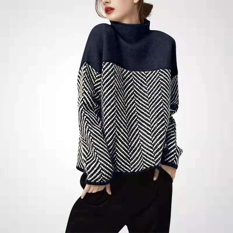 Geometrisk Strikkegenser med Høy Hals – Myk &amp; Varm Pullover i Flerfarget Design (Høst/Vinter)