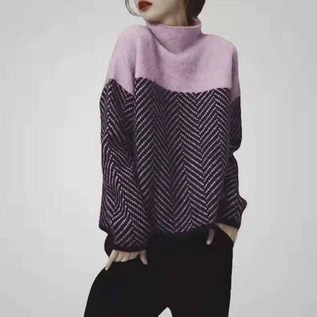Geometrisk Strikkegenser med Høy Hals – Myk &amp; Varm Pullover i Flerfarget Design (Høst/Vinter)