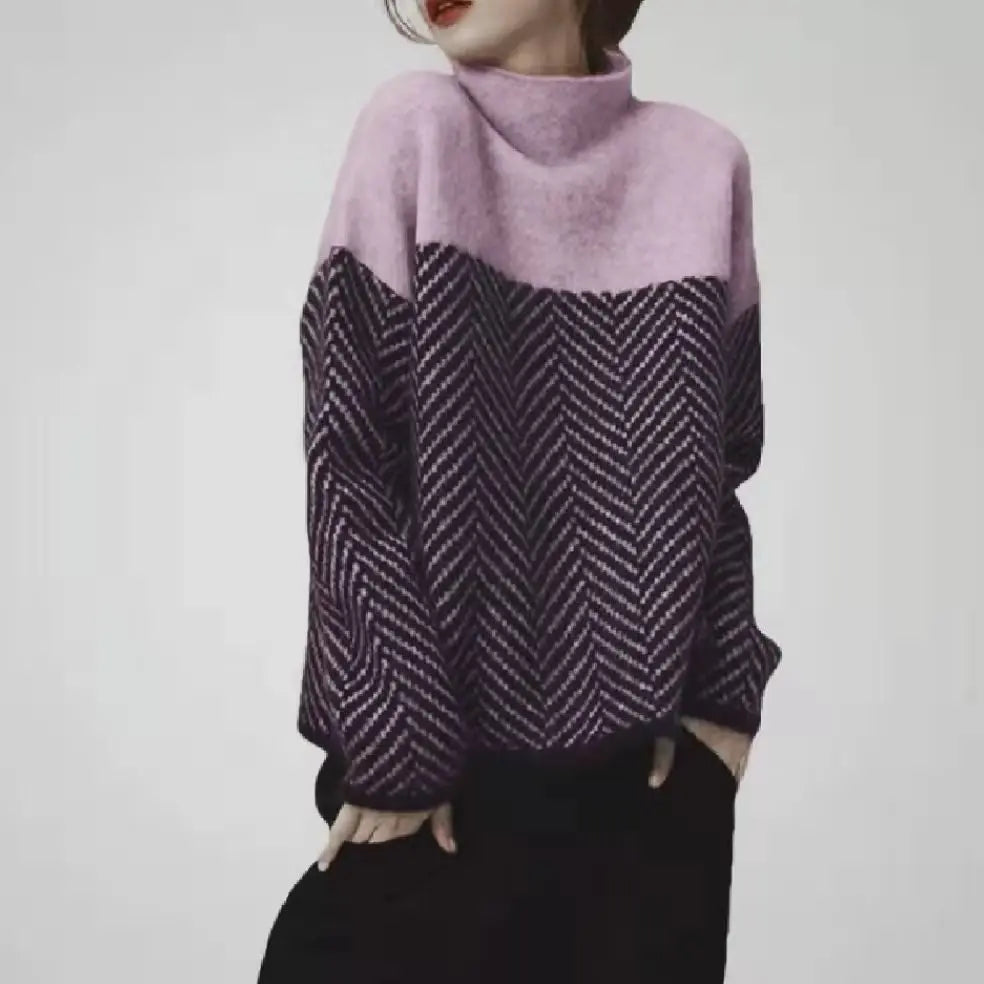 Geometrisk Strikkegenser med Høy Hals – Myk &amp; Varm Pullover i Flerfarget Design (Høst/Vinter)