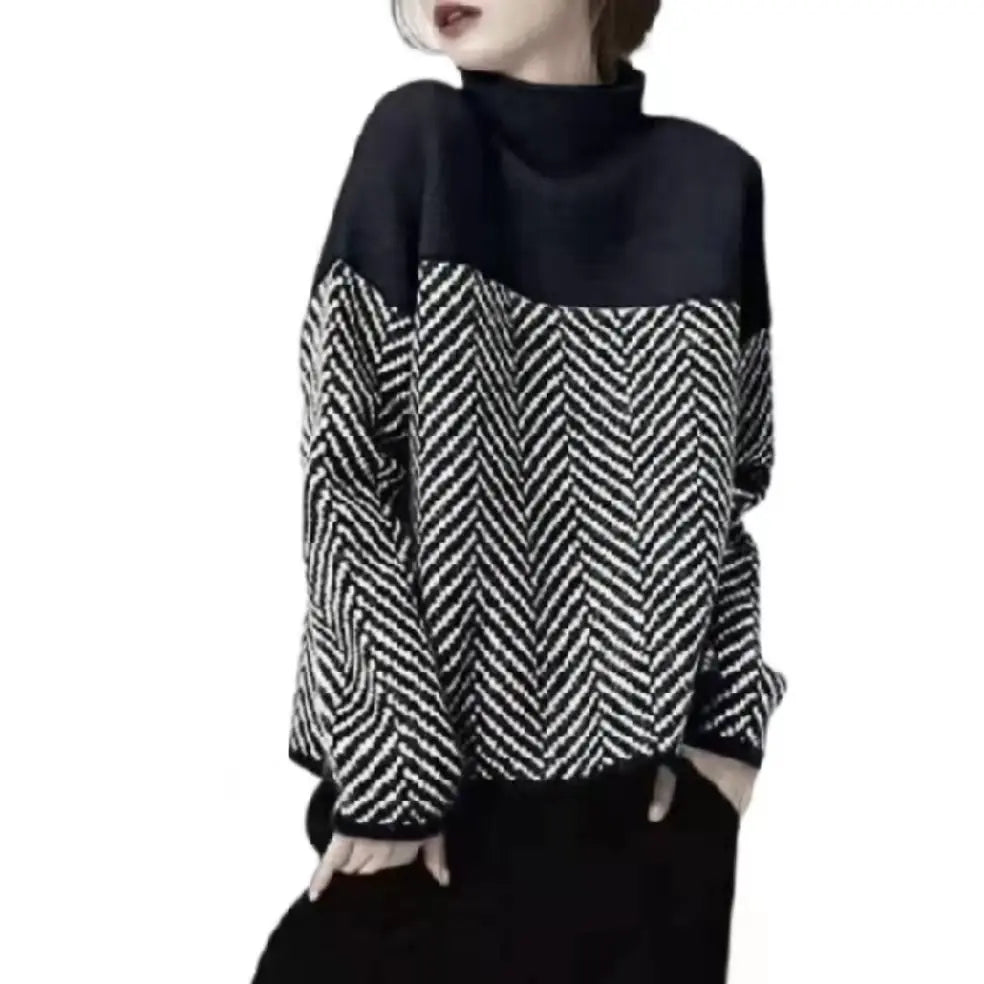 Geometrisk Strikkegenser med Høy Hals – Myk &amp; Varm Pullover i Flerfarget Design (Høst/Vinter)