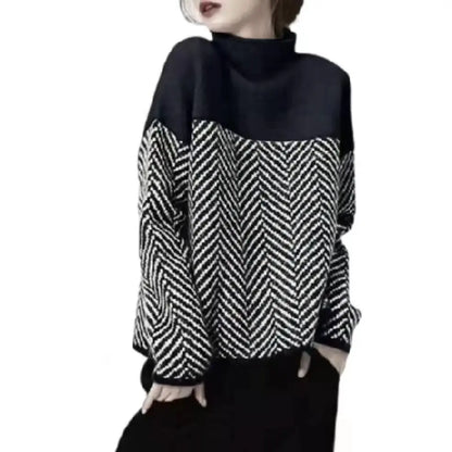 Geometrisk Strikkegenser med Høy Hals – Myk &amp; Varm Pullover i Flerfarget Design (Høst/Vinter)
