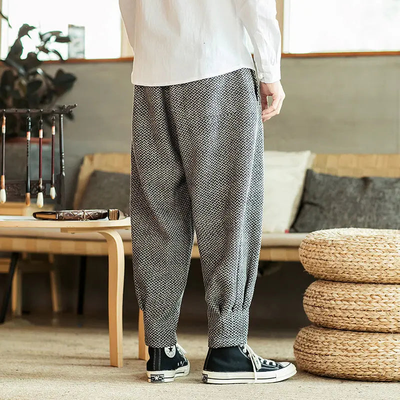 Løse Herrebukser i Kinesisk Stil – Ensfargede, Rett Passform og Ankellengde for Streetwear og Fritid