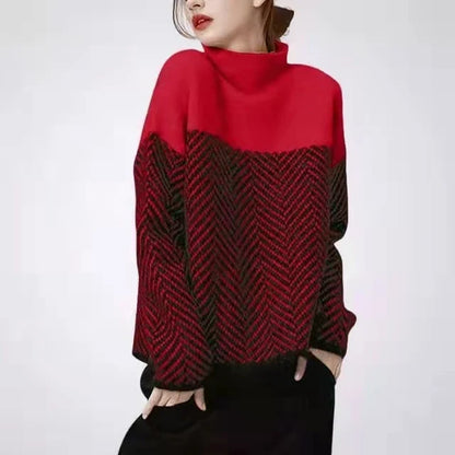 Geometrisk Strikkegenser med Høy Hals – Myk &amp; Varm Pullover i Flerfarget Design (Høst/Vinter)