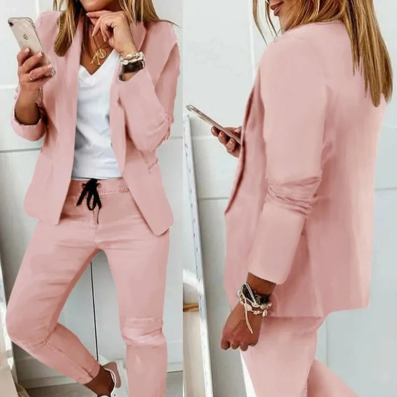 To-delt Damesett – Enkel og Elegant Blazer og Bukse med Krage og Knapper (Høst/Vår)