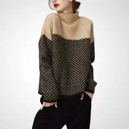Geometrisk Strikkegenser med Høy Hals – Myk &amp; Varm Pullover i Flerfarget Design (Høst/Vinter)