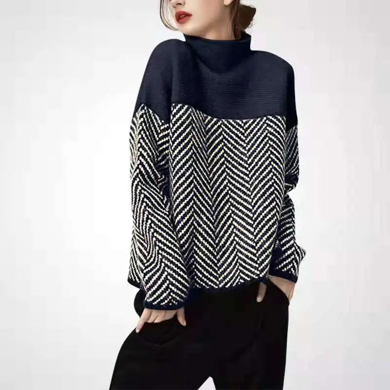 Geometrisk Strikkegenser med Høy Hals – Myk &amp; Varm Pullover i Flerfarget Design (Høst/Vinter)