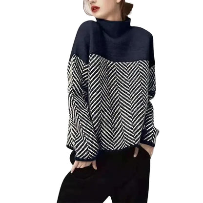 Geometrisk Strikkegenser med Høy Hals – Myk &amp; Varm Pullover i Flerfarget Design (Høst/Vinter) – Marineblå