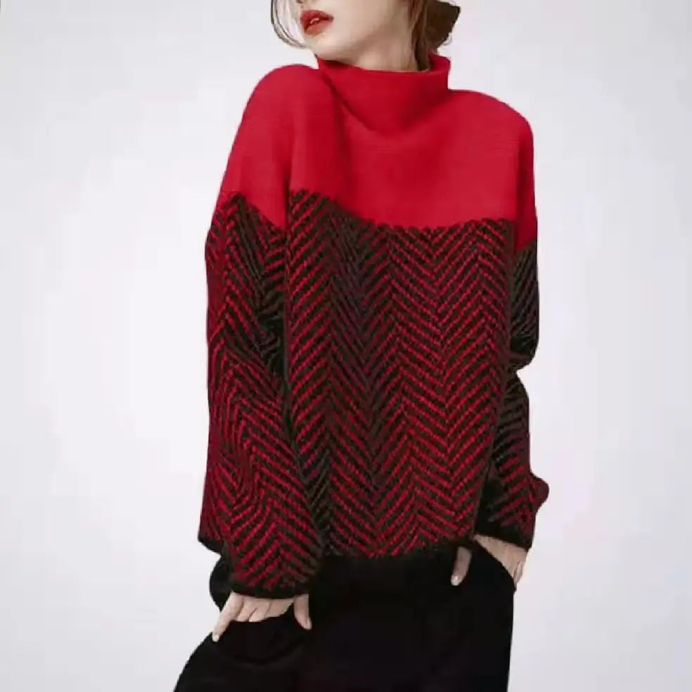Geometrisk Strikkegenser med Høy Hals – Myk &amp; Varm Pullover i Flerfarget Design (Høst/Vinter)