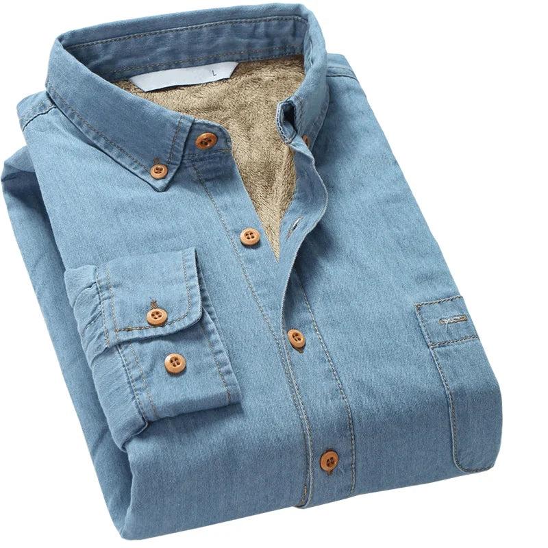 Vinter Denimskjorte for Menn – Fôret med Myk Fleece | Tøff Cowboy-skjorte i Tykk Denim som Holder Deg Varm