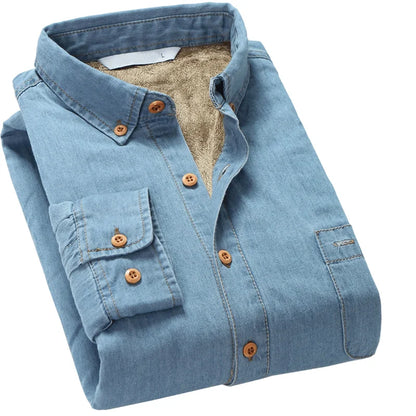 Vinter Denimskjorte for Menn – Fôret med Myk Fleece | Tøff Cowboy-skjorte i Tykk Denim som Holder Deg Varm