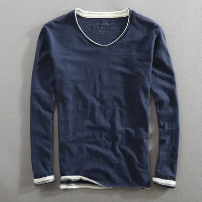 Herre Langermet T-skjorte i Bomull – V-hals med Vintage Detaljer