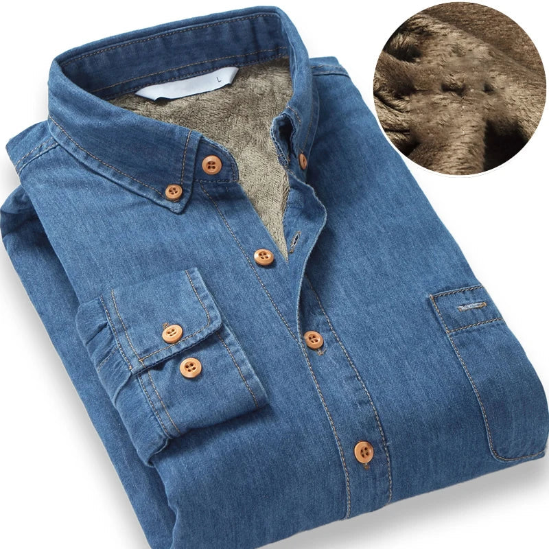 Vinter Denimskjorte for Menn – Fôret med Myk Fleece | Tøff Cowboy-skjorte i Tykk Denim som Holder Deg Varm