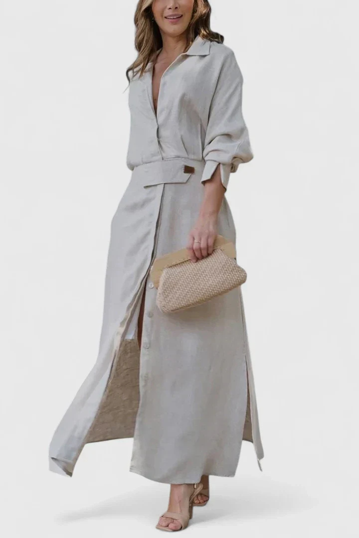 Joelle | Beltet maxiskjortekjole i lin med knappefront – Beige