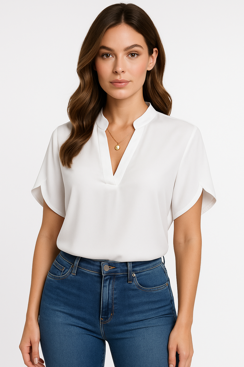 V-hals bluse med mandarin krage