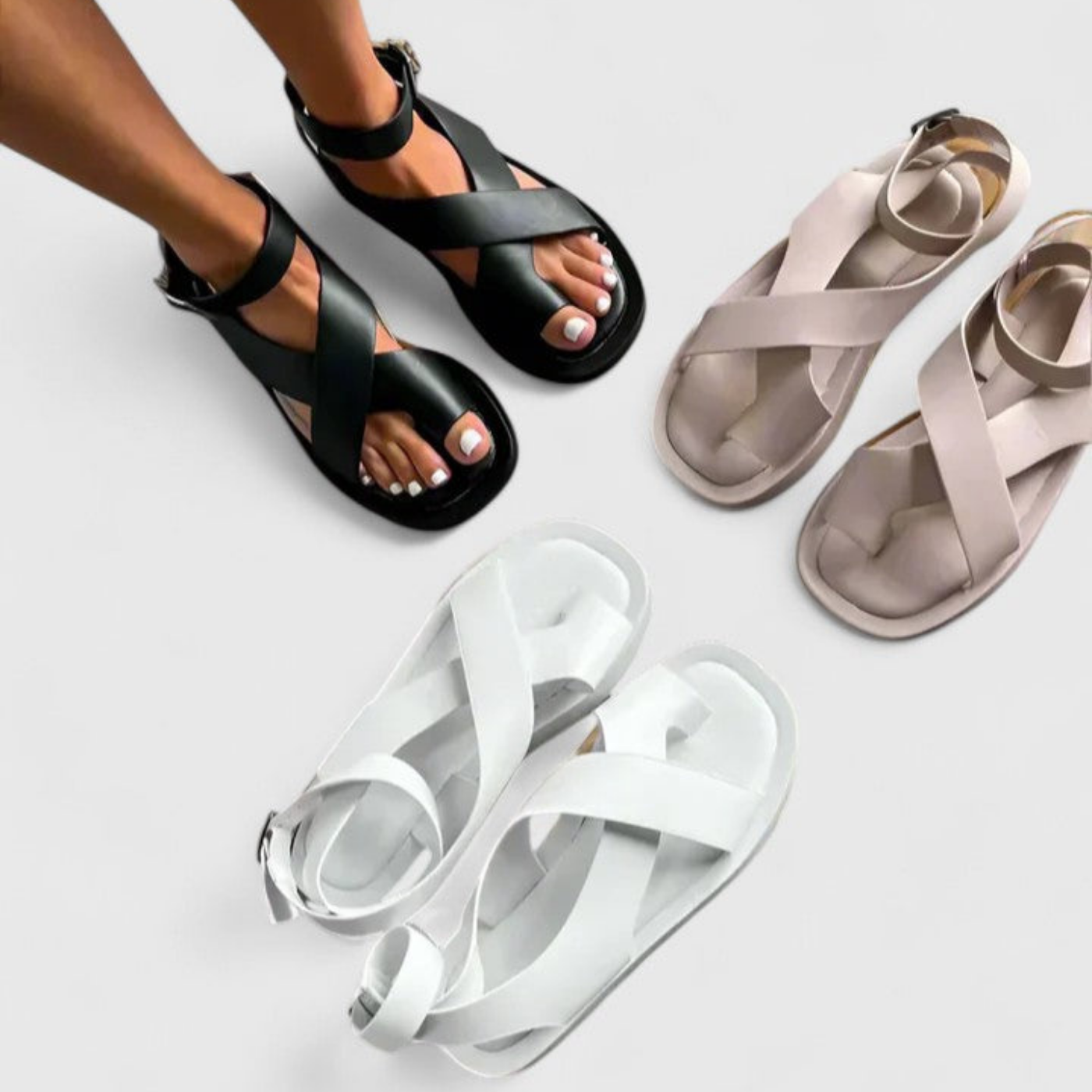 Mae | Flatform-sandaler i skinn med tåring og kryssende ankelstropp